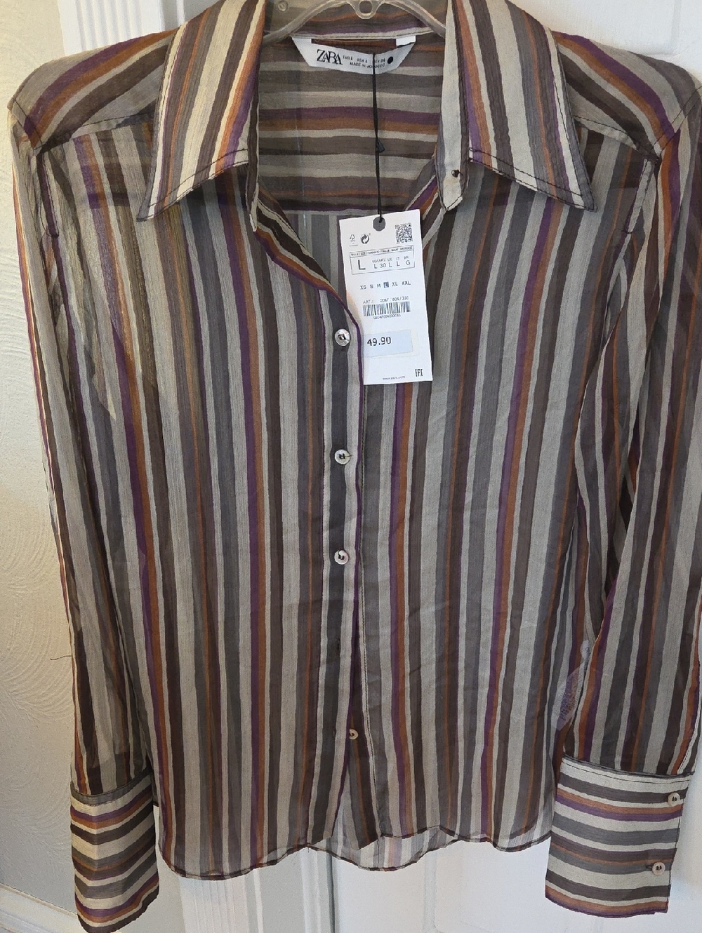 Zara WomenLong Sleeve Striped Button-Down Shirt - Brown Gray Blue Purple Sheer